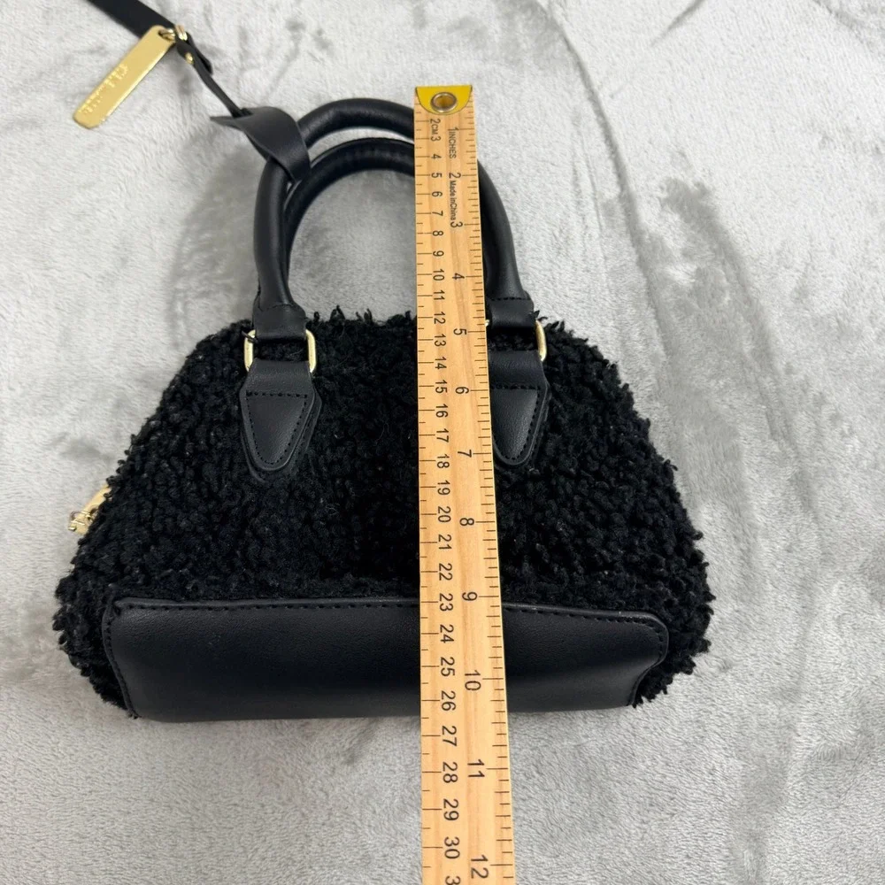 Steve Madden Black Faux Sherpa Mini Satchel Handbag Gold‎ Hardware